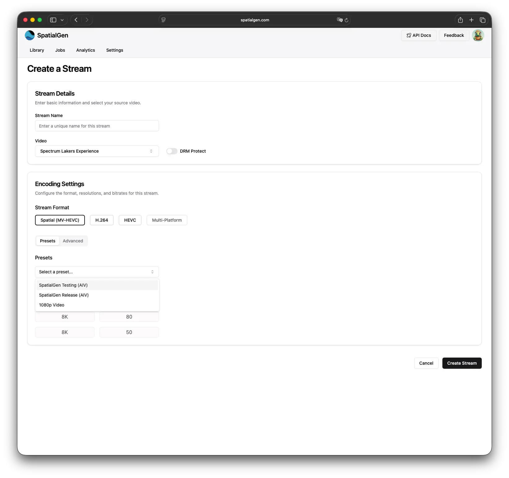 Create a stream on SpatialGen