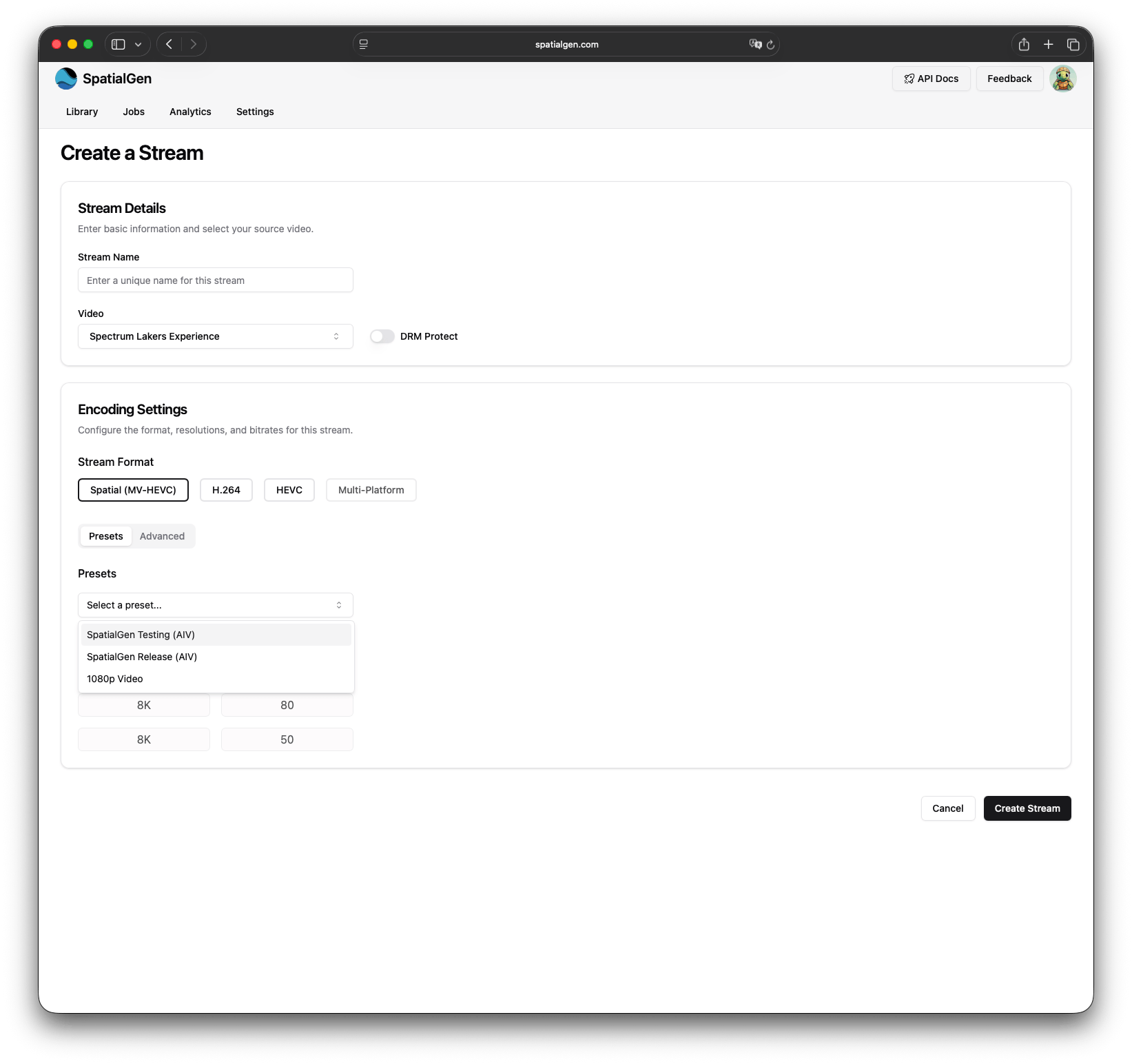 The SpatialGen New Stream page. Create a stream on SpatialGen