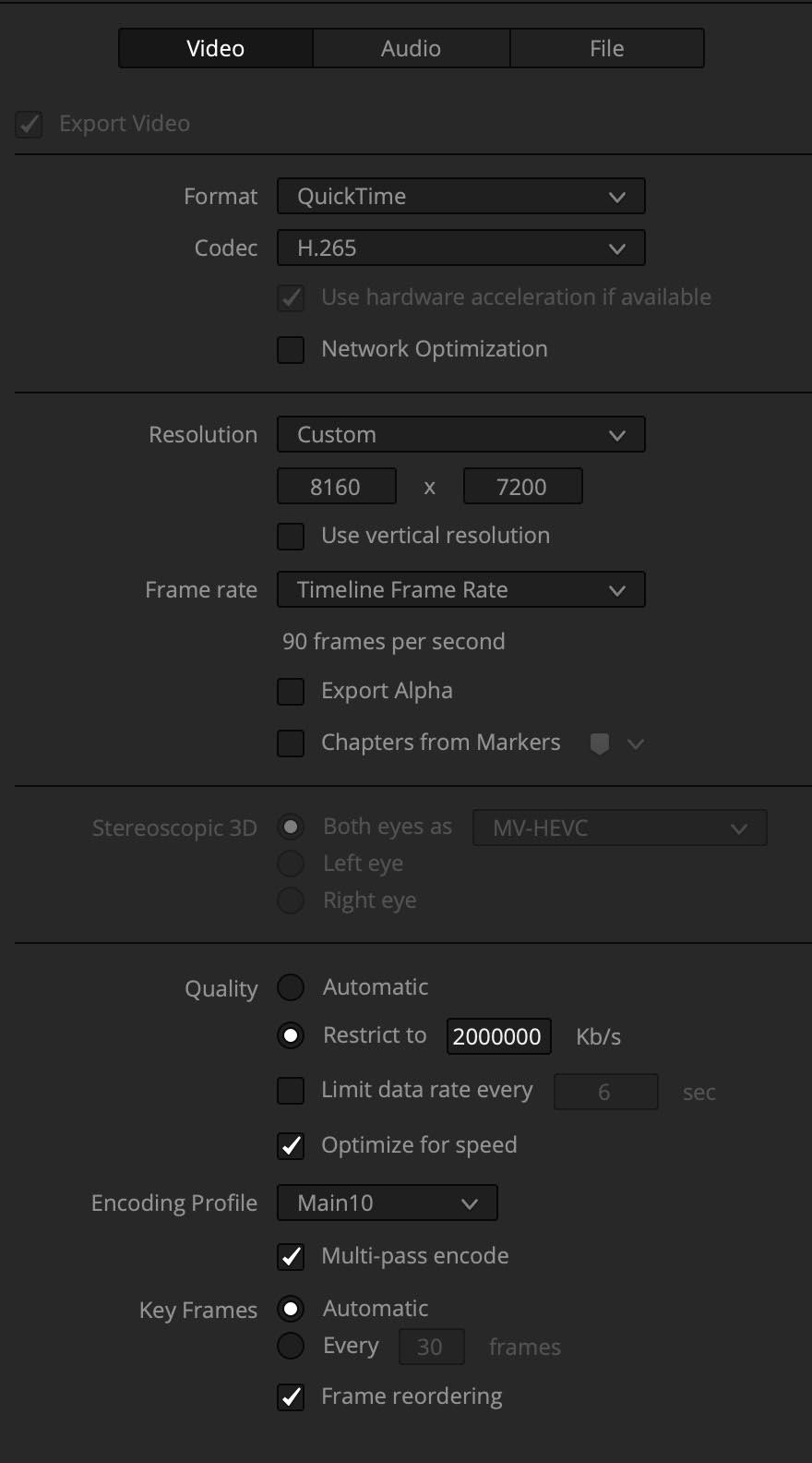 Sample export settings in Resolve. Export Settings