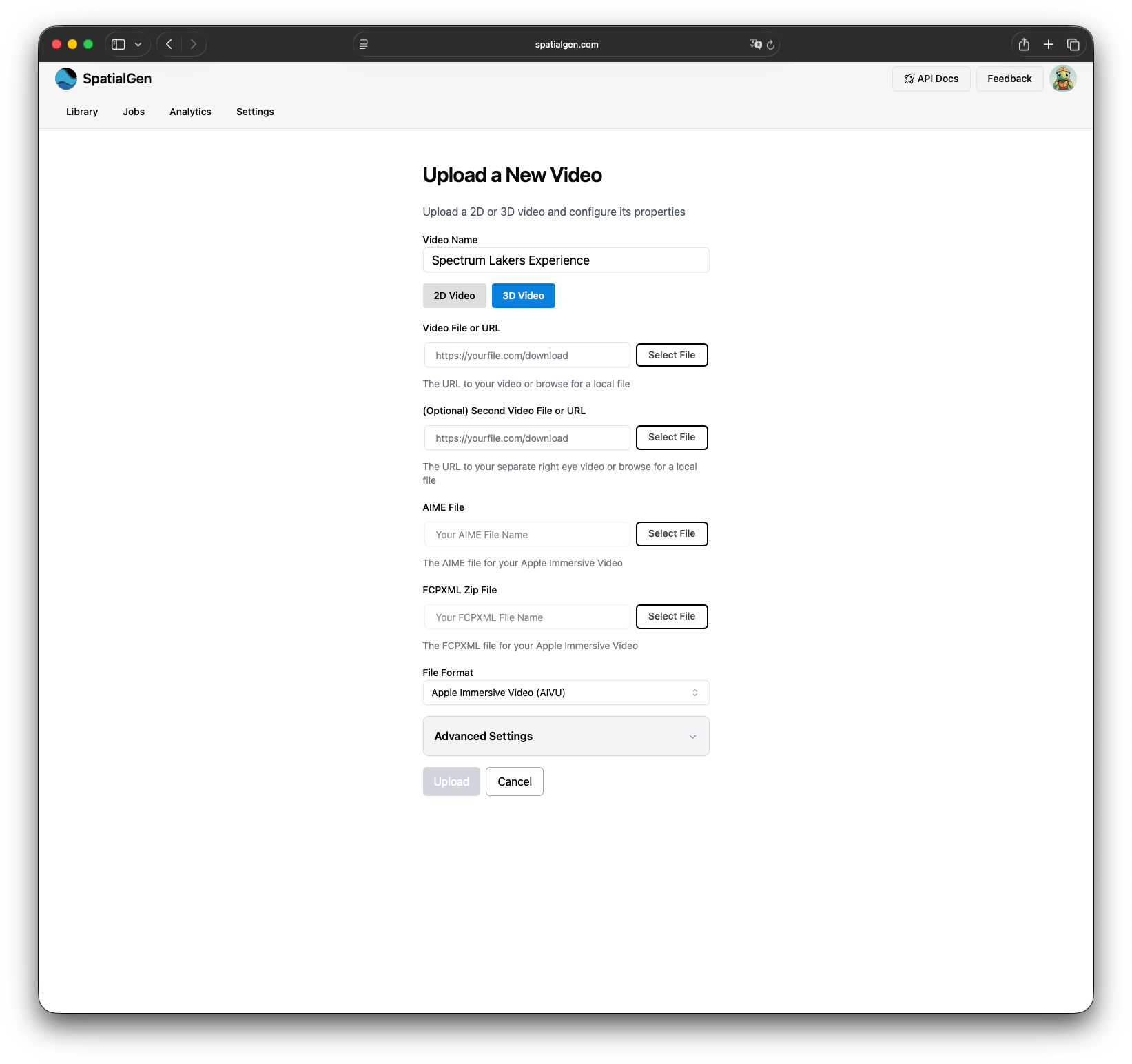 The SpatialGen Upload form. Upload form